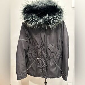 Aqua Black Puffer Jacket with Faux Fur Hood